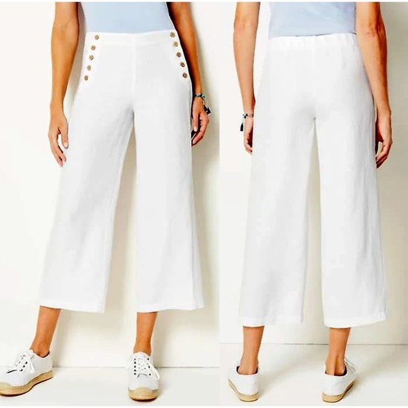 J. Jill Pants - J.Jill Women's White Linen Stretch Sailor Button Wide Leg Crop Pants Size 16 NWT